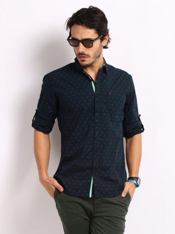 HRX Men Navy Printed Slim Fit Casual Shirt