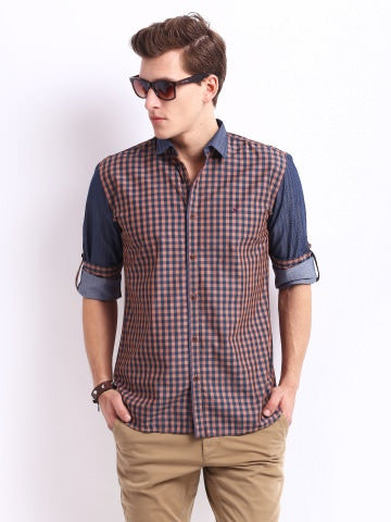 HRX Men Orange & Navy Checked Casual Shirt