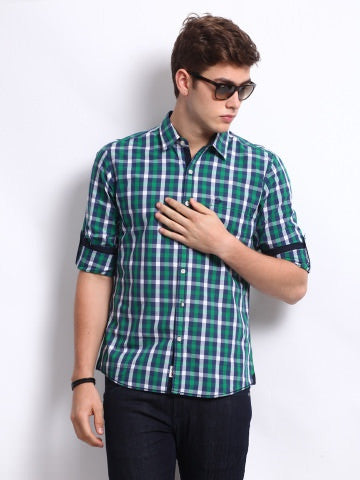 Roadster Men Green & Navy Checked Slim Fit Vettel Casual Shirt