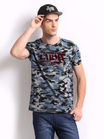 Status Quo Men Blue & Black Camouflage Printed T-shirt